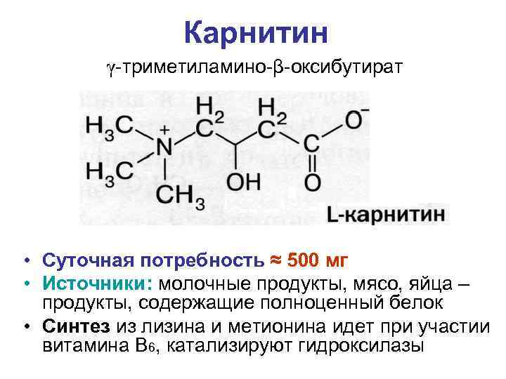 Карнитин γ триметиламино β оксибутират • Суточная потребность ≈ 500 мг • Источники: молочные