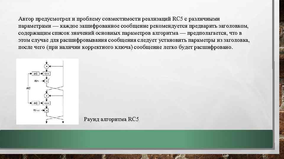 Автор предусмотрел и проблему совместимости реализаций RC 5 с различными параметрами — каждое зашифрованное