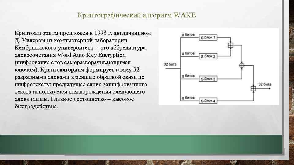 Криптографический алгоритм WAKE Криптоалгоритм предложен в 1993 г. англичанином Д. Уилером из компьютерной лаборатории