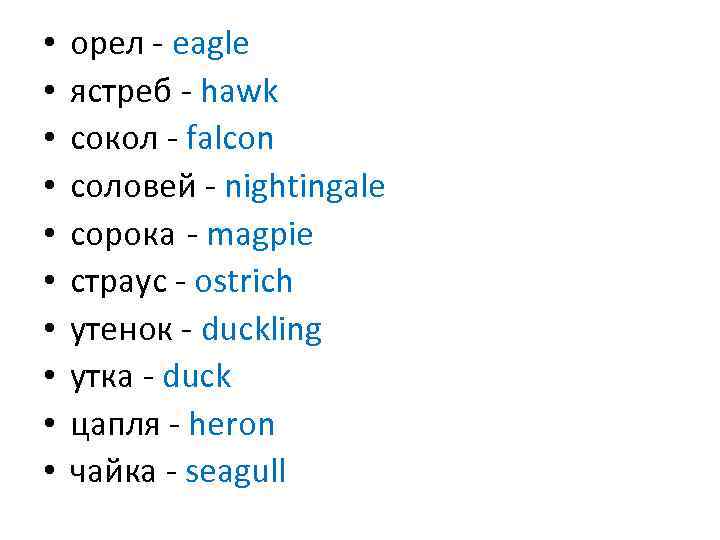  • • • орел - eagle ястреб - hawk сокол - falcon соловей