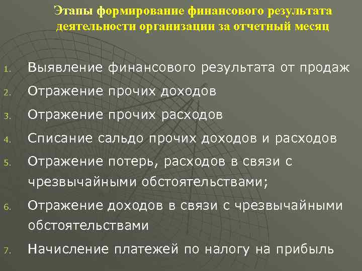 Этапы формирование финансового результата деятельности организации за отчетный месяц 1. Выявление финансового результата от