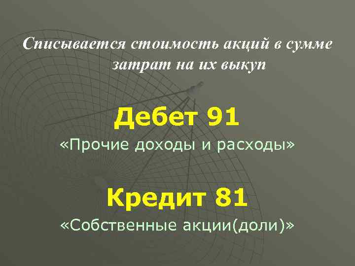 Списывается стоимость акций в сумме затрат на их выкуп Дебет 91 «Прочие доходы и