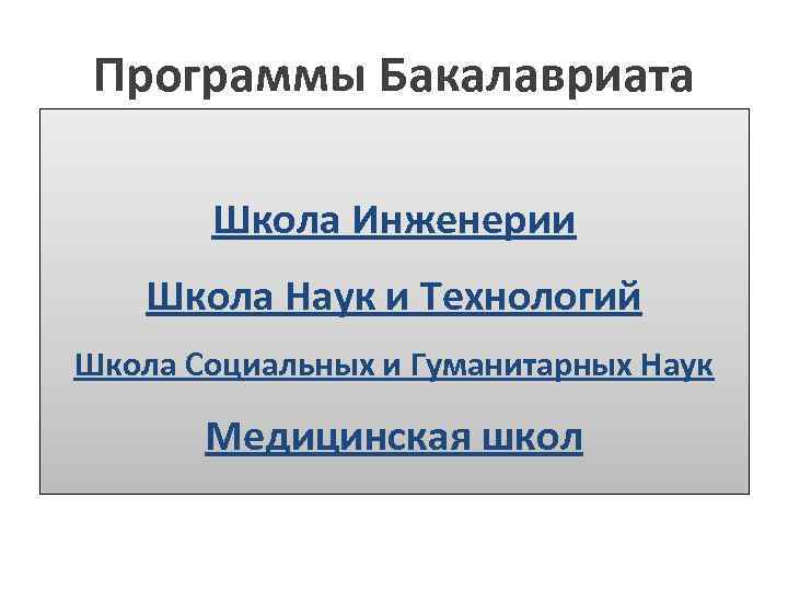 Программы Бакалавриата Школа Инженерии Школа Наук и Технологий Школа Социальных и Гуманитарных Наук Медицинская