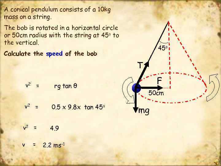 A conical pendulum consists of a 10 kg mass on a string. The bob
