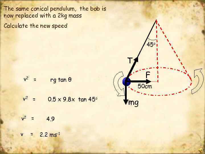 The same conical pendulum, the bob is now replaced with a 2 kg mass