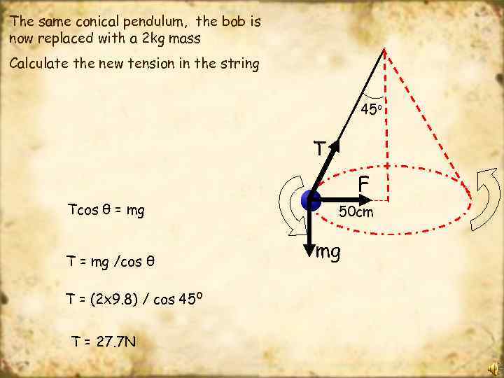 The same conical pendulum, the bob is now replaced with a 2 kg mass