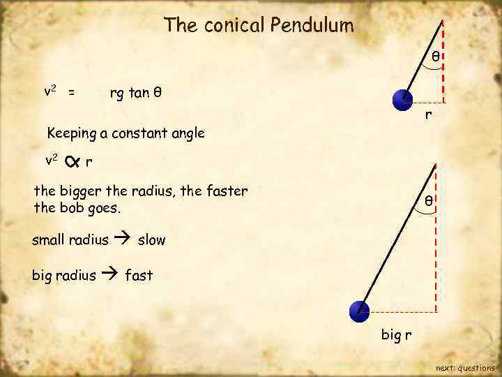 The conical Pendulum θ v 2 = rg tan θ r Keeping a constant