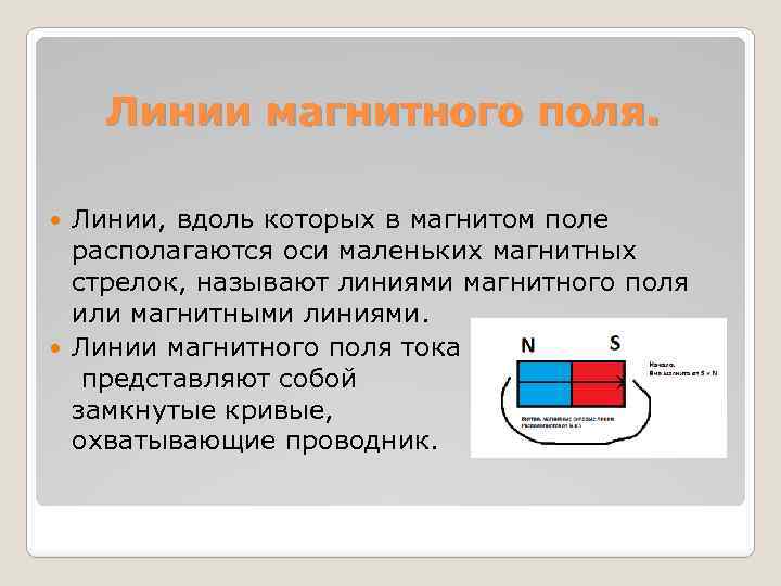 Линии магнитного поля. Линии, вдоль которых в магнитом поле располагаются оси маленьких магнитных стрелок,