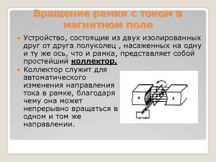 Вращение рамки с током в магнитном поле Устройство, состоящие из двух изолированных друг от
