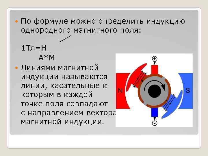  По формуле можно определить индукцию однородного магнитного поля: 1 Тл=H A*M Линиями магнитной