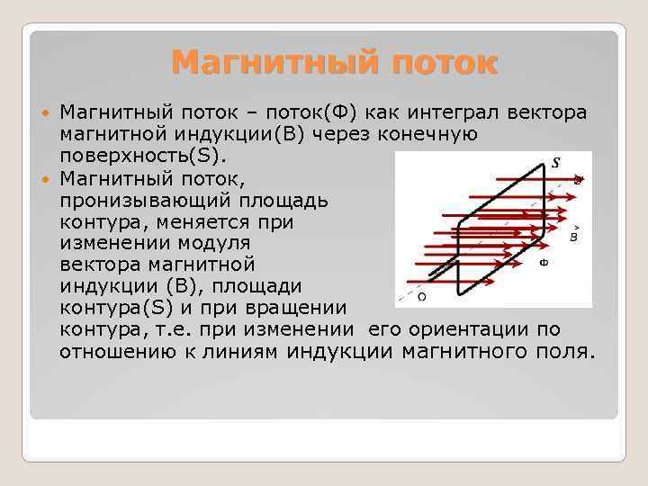 Магнитный поток – поток(Ф) как интеграл вектора магнитной индукции(B) через конечную поверхность(S). Магнитный поток,