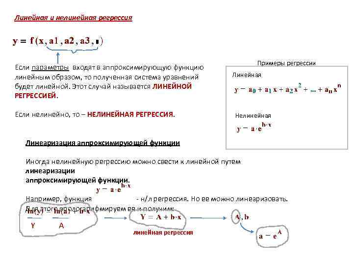 Линейная и нелинейная регрессия Если параметры входят в аппроксимирующую функцию линейным образом, то полученная