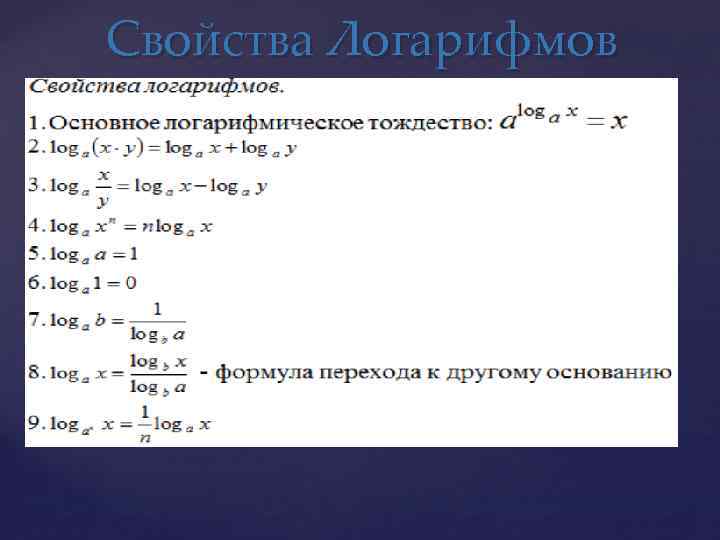 Свойства Логарифмов Их всего 9. Они очень сильно нужны для правильного решения уравнений. 