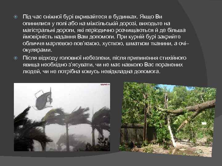 Під час сніжної бурі вкривайтеся в будинках. Якщо Ви опинилися у полі або на