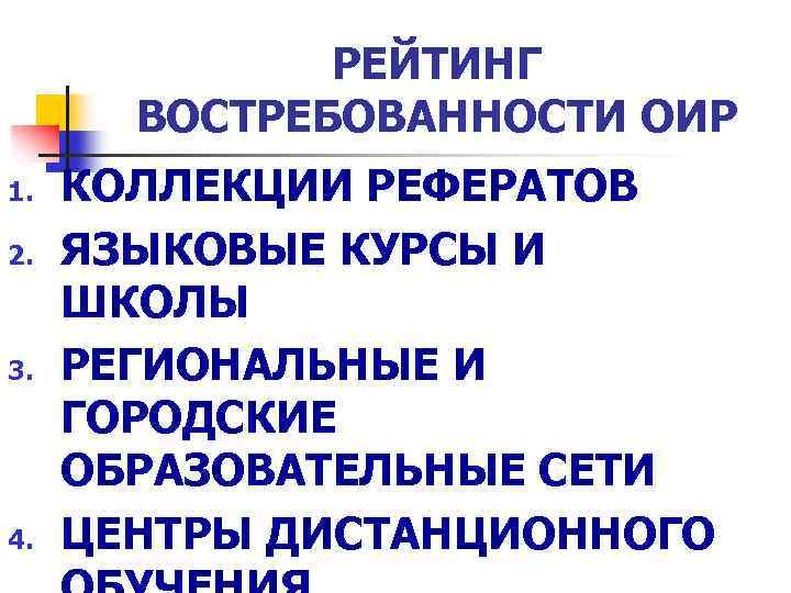 РЕЙТИНГ ВОСТРЕБОВАННОСТИ ОИР 1. 2. 3. 4. КОЛЛЕКЦИИ РЕФЕРАТОВ ЯЗЫКОВЫЕ КУРСЫ И ШКОЛЫ РЕГИОНАЛЬНЫЕ