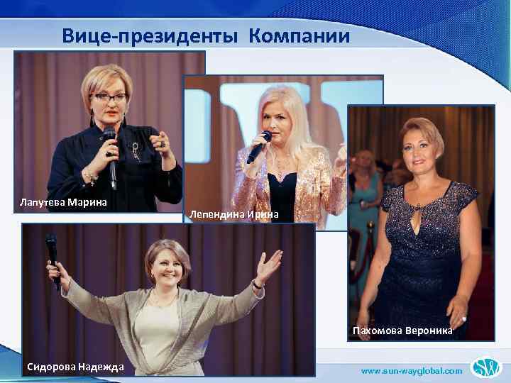Вице-президенты Компании Лапутева Марина Лепендина Ирина Пахомова Вероника Сидорова Надежда www. sun-wayglobal. com 