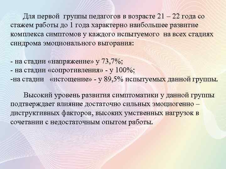 Для первой группы педагогов в возрасте 21 – 22 года со стажем работы до