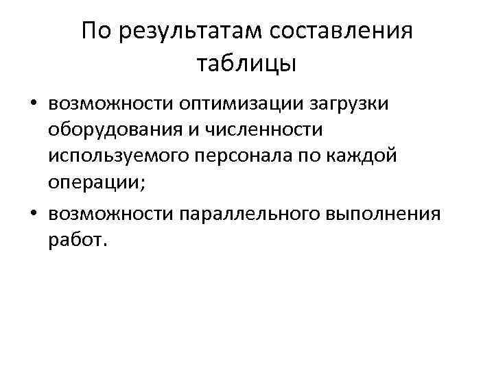 По результатам составления таблицы • возможности оптимизации загрузки оборудования и численности используемого персонала по