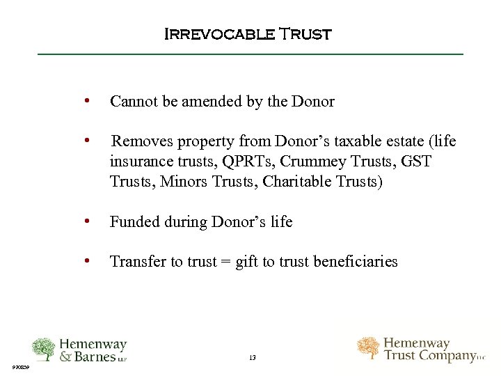 Irrevocable Trust • Cannot be amended by the Donor • Removes property from Donor’s