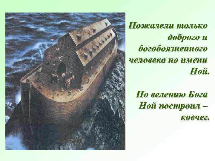 Пожалели только доброго и богобоязненного человека по имени Ной. По велению Бога Ной построил