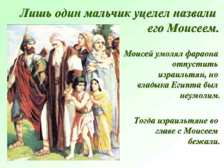 Лишь один мальчик уцелел назвали его Моисеем. Моисей умолял фараона отпустить израильтян, но владыка