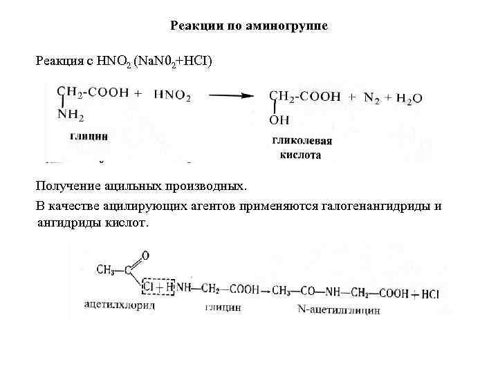 Реакции по аминогруппе Реакция с HNO 2 (Na. N 02+HCI) Получение ацильных производных. В