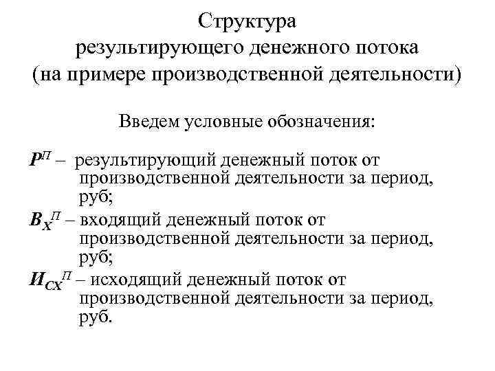 Структура результирующего денежного потока (на примере производственной деятельности) Введем условные обозначения: РП – результирующий