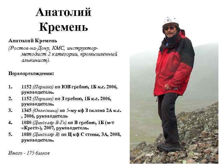 Анатолий Кремень (Ростов-на-Дону, КМС, инструкторметодист 2 категории, промышленный альпинист). Первопрохождения: 1. 2. 3. 4.
