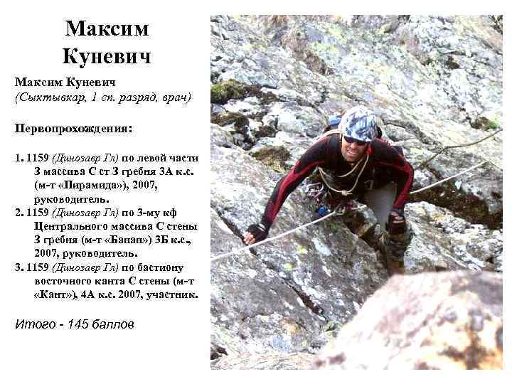 Максим Куневич (Сыктывкар, 1 сп. разряд, врач) Первопрохождения: 1. 1159 (Динозавр Гл) по левой