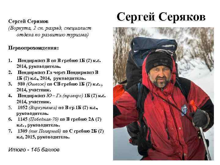 Сергей Серяков (Воркута, 2 сп. разряд, специалист отдела по развитию туризма) Первопрохождения: 1. 2.