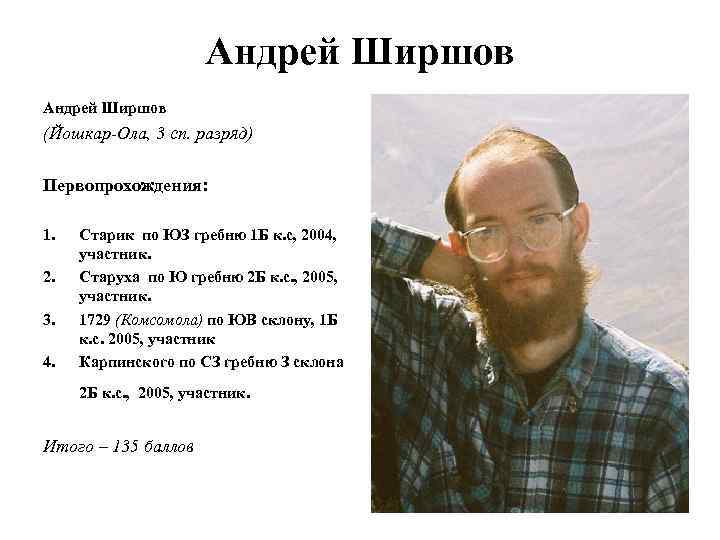 Андрей Ширшов (Йошкар-Ола, 3 сп. разряд) Первопрохождения: 1. 2. 3. 4. Старик по ЮЗ