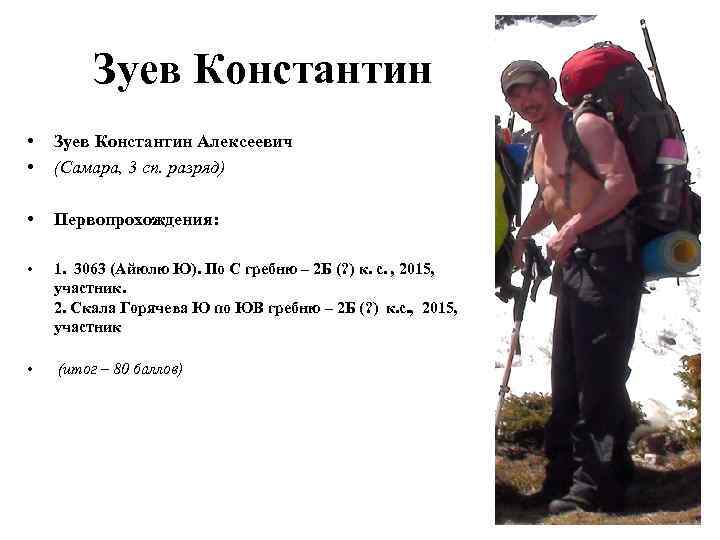 Зуев Константин • • Зуев Константин Алексеевич (Самара, 3 сп. разряд) • Первопрохождения: •