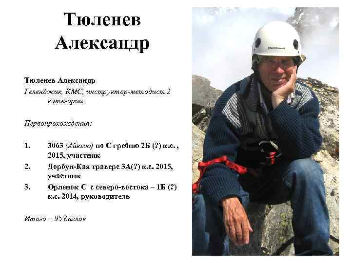 Тюленев Александр Геленджик, КМС, инструктор-методист 2 категории Первопрохождения: 1. 2. 3. 3063 (Айюлю) по