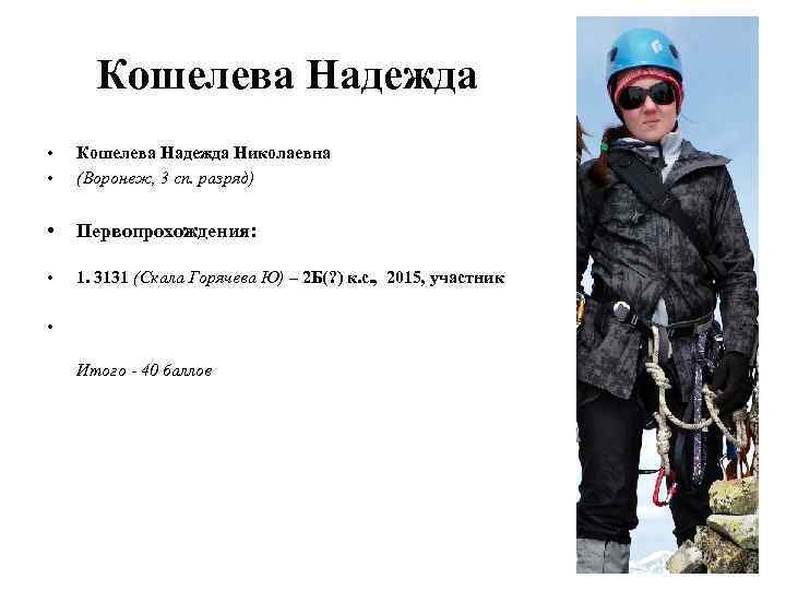 Кошелева Надежда • • Кошелева Надежда Николаевна (Воронеж, 3 сп. разряд) • Первопрохождения: •