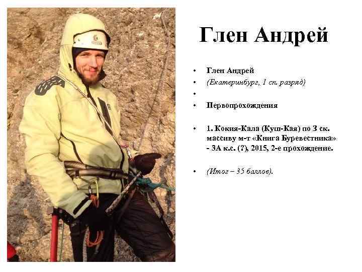 Глен Андрей • • Глен Андрей (Екатеринбург, 1 сп. разряд) • 1. Кокия-Кала (Куш-Кая)