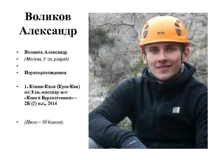 Воликов Александр • • Воликов Александр (Москва, 3 сп. разряд) • 1. Кокия-Кала (Куш-Кая)