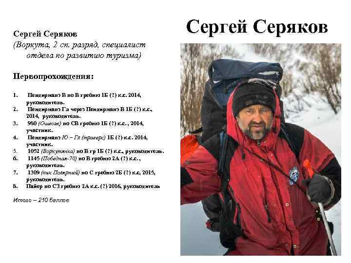 Сергей Серяков (Воркута, 2 сп. разряд, специалист отдела по развитию туризма) Первопрохождения: 1. 2.