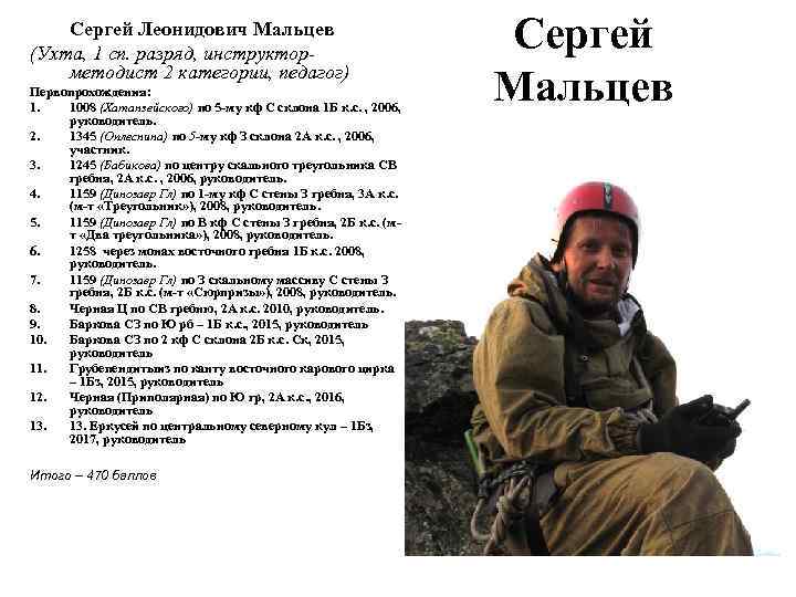 Сергей Леонидович Мальцев (Ухта, 1 сп. разряд, инструкторметодист 2 категории, педагог) Первопрохождения: 1. 1008
