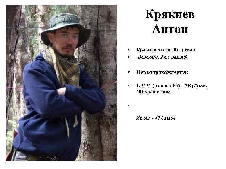 Крякиев Антон • • Крякиев Антон Игоревич (Воронеж, 2 сп. разряд) • Первопрохождения: •