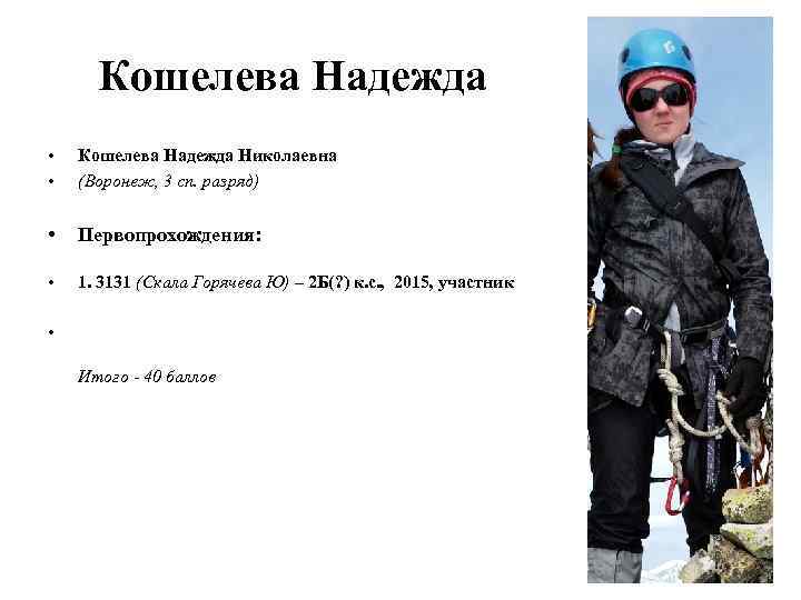Кошелева Надежда • • Кошелева Надежда Николаевна (Воронеж, 3 сп. разряд) • Первопрохождения: •
