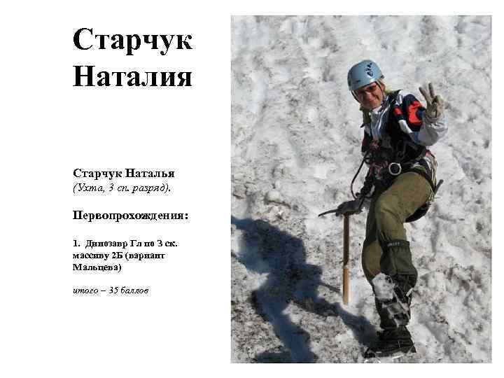 Старчук Наталия Старчук Наталья (Ухта, 3 сп. разряд). Первопрохождения: 1. Динозавр Гл по З