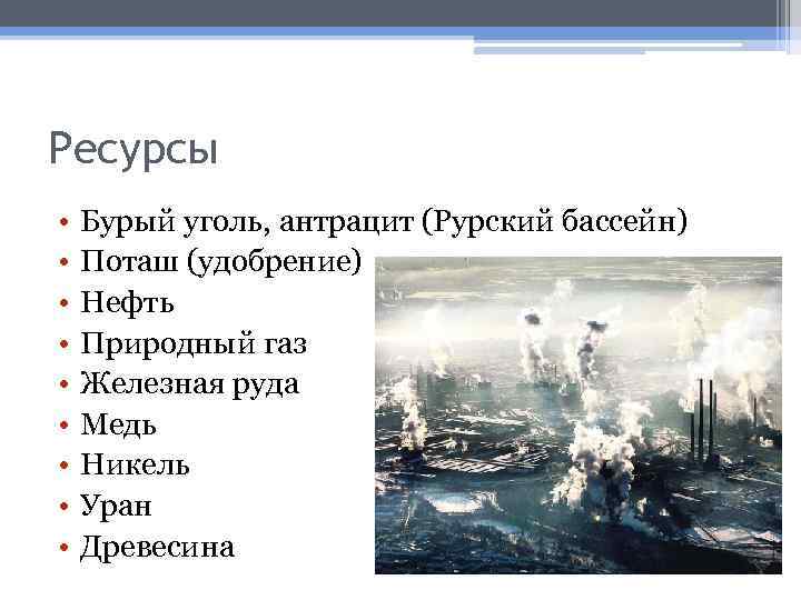Ресурсы • • • Бурый уголь, антрацит (Рурский бассейн) Поташ (удобрение) Нефть Природный газ
