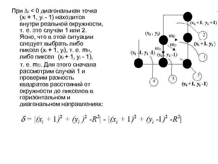 При ∆i < 0 диагональная точка (xi + 1, уi - 1) находится внутри