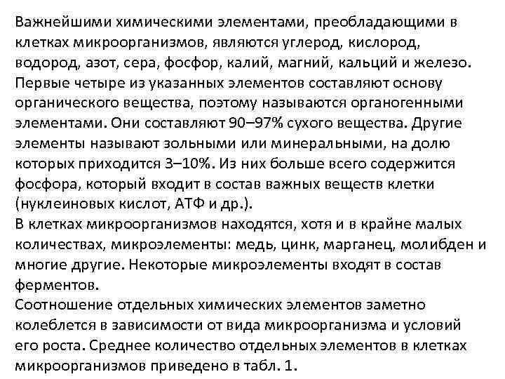 Важнейшими химическими элементами, преобладающими в клетках микроорганизмов, являются углерод, кислород, водород, азот, сера, фосфор,
