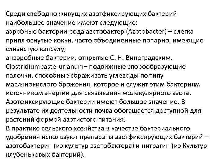 Среди свободно живущих азотфиксирующих бактерий наибольшее значение имеют следующие: аэробные бактерии рода азотобактер (Azotobacter)