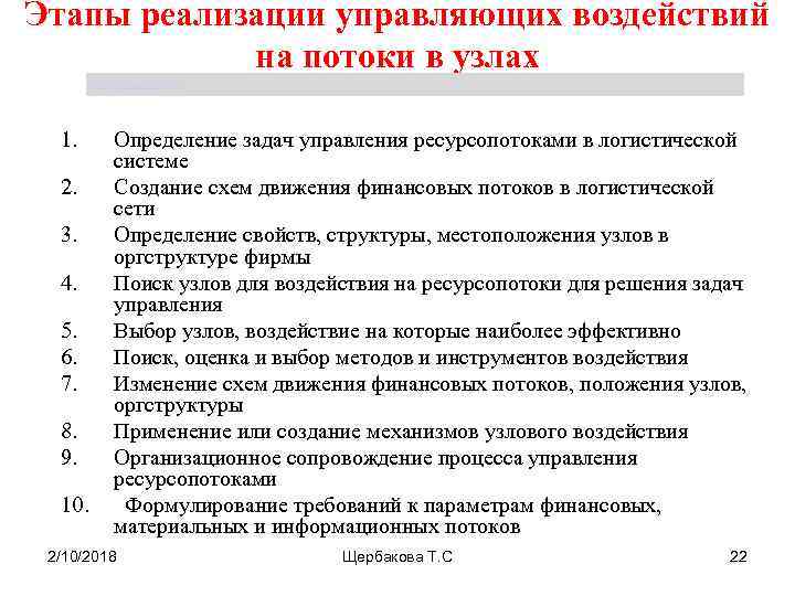 Этапы реализации управляющих воздействий на потоки в узлах Щербакова Т. С. 1. 2. 3.