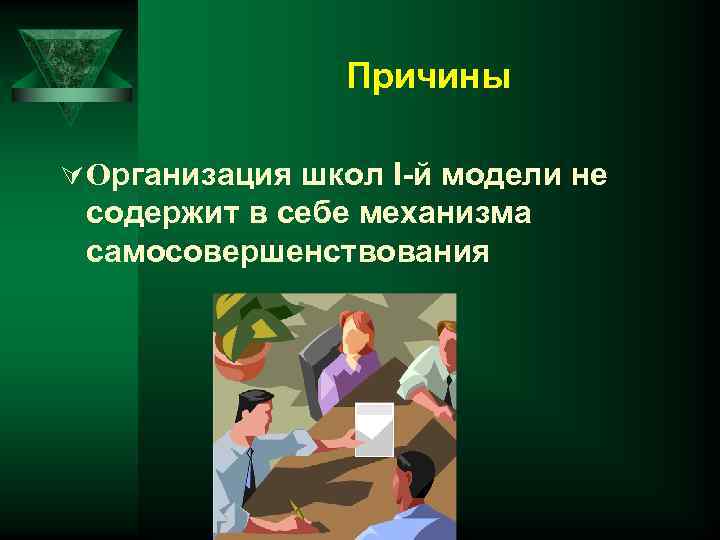 Причины Ú Организация школ I-й модели не содержит в себе механизма самосовершенствования 