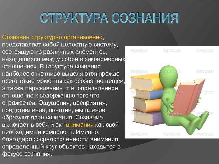 СТРУКТУРА СОЗНАНИЯ Сознание структурно организовано, представляет собой целостную систему, состоящую из различных элементов, находящихся