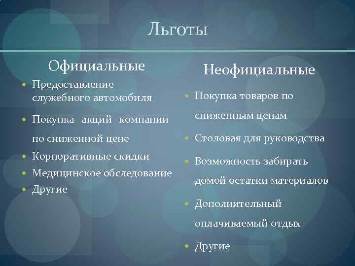 Льготы Официальные Предоставление служебного автомобиля Покупка акций компании по сниженной цене Корпоративные скидки Медицинское