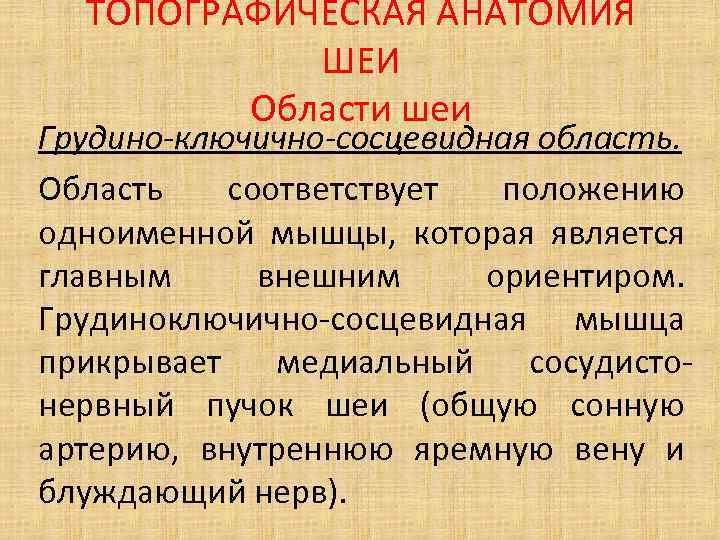 ТОПОГРАФИЧЕСКАЯ АНАТОМИЯ ШЕИ Области шеи Грудино-ключично-сосцевидная область. Область соответствует положению одноименной мышцы, которая является